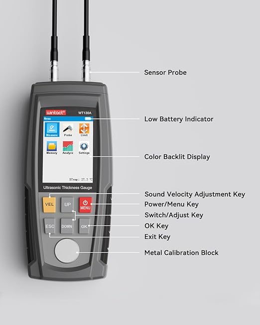 Wintact Digital Ultrasonic Thickness Gauge, Range 0.039 to 11.81 in with Probe for Measuring Metal and Nonmetal Materials, Steel, Cylinder Wall, Plastic, Glass, PVC, Pipes