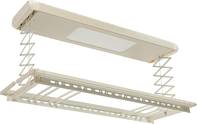 banborba Electric Retractable Airing Rack, Ceiling Mounted Clothes Drying Rack, Retractable Clothesline, Vertical Laundry Drying Rod with LED Light & Remote, 110V 24W, Off-White Color