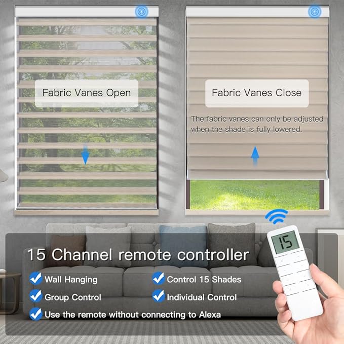 Tokblind Motorized Shangri-La Sheer Shade with Remote Control, Blackout Electric Roller Blinds Compatible with Alexa via Hub, Rechargeable Smart Window Shade Custom Size(Blackout Coffee)