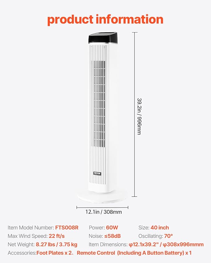 VEVOR Tower Fan, 22 ft/s Velocity Quiet Floor Fan, 70° Oscillating Fans for Indoors with 3 Speeds, 4 Modes, 12H Timer, Portable Standing Bladeless Fan with Remote Control for Bedroom, Office, Home