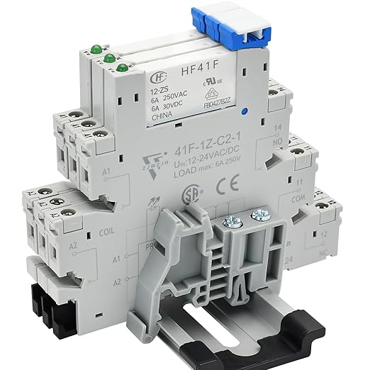 ZJWZJH Miniature Power Relay 12V DC/AC HF41F/12-ZS 5 Pin 1NO 1NC 6A SPDT, Socket Base with LED Indicator 41F-1Z-C2, with DIN Rail, 3Pcs Electromechanical Relays