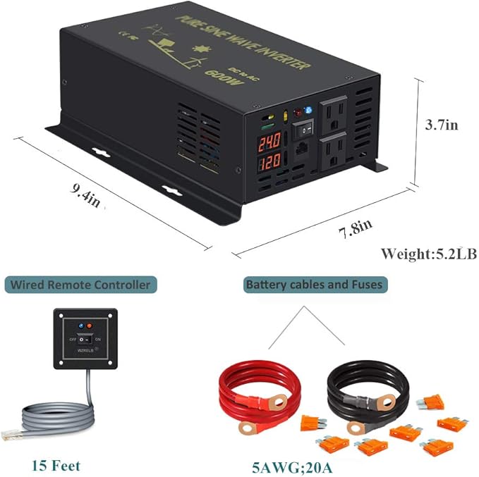 WZRELB 600W 24V 120V Pure Sine Wave Power Inverter with 2 AC Outlets Wired Remote Control (RBP-60024WR)