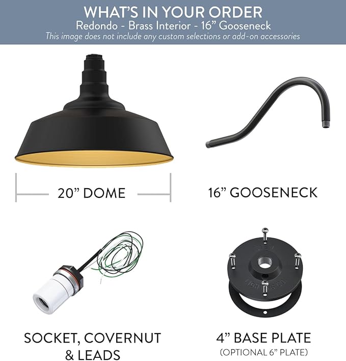Steel Lighting Co. Large Outdoor Barn Light | Gooseneck Light Fixture | Made in America from 18-Gauge Steel | 20" Dome | 16" Gooseneck Matte Black Exterior/Brass Interior