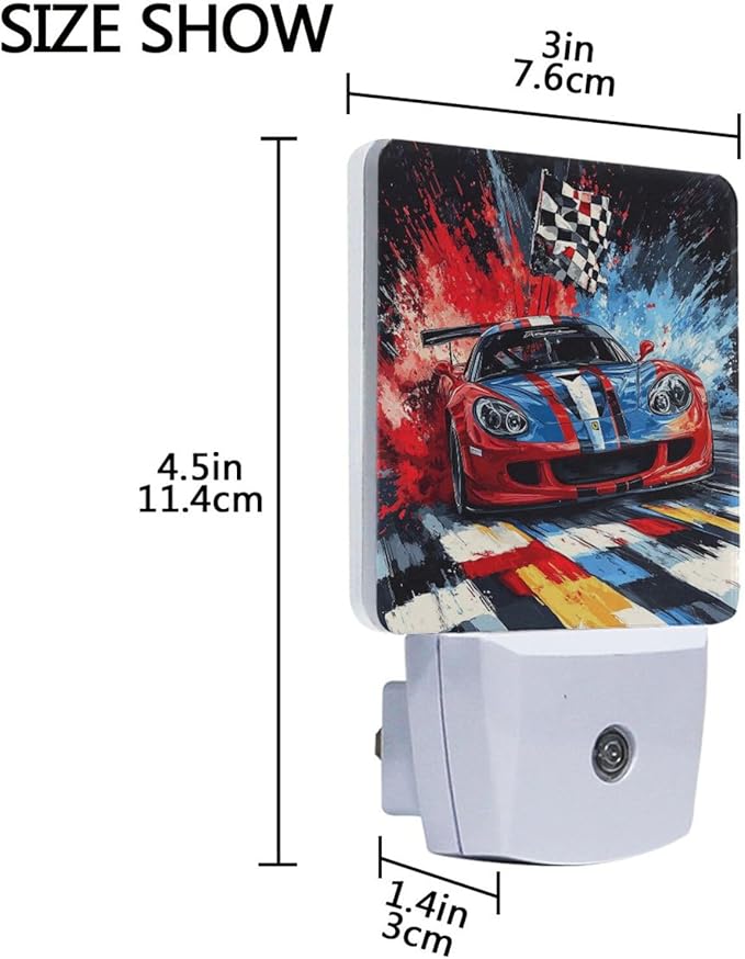 Pigsaly Led Night Light Red Blue Sports Car Checkered Flag Night Light Plug in Wall Lamp Smart Dusk to Dawn Sensor Nightlight Led Lamp Energy Saving Lights Gift for Kids Room Bedroom Bathroom Hallway