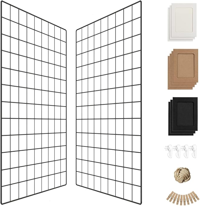 PAMANO Wall Photo Grid Shelf, Wall Hanging Ins Art Display Grid Panel for Decor & Storage, Metal Wire Notice & Memo Board, Mesh Tool Organiser Frame 2 Pcs (Black, 25.6 x 17.7 inches)