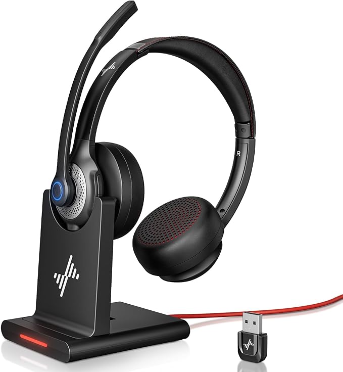 JIAMQISHI Wireless Headset with AI Noise Cancelling Microphone Bluetooth Headset - Bluetooth V5.2 Headphones with USB Dongle Charging Base & Mic Mute for Computer/Laptop/PC/Phone/Android/Cell Phones