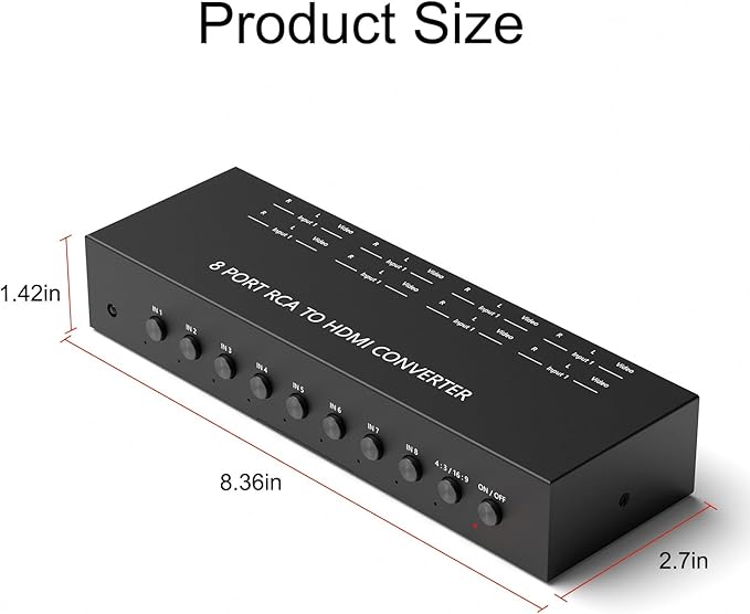 8 Port RCA to HDMI Converter 1080P/720P RCA Composite CVBS AV Switch to HDMI Converter Adapter Support 4:3/16:9 Switch, for Sega Xbox PS1 PS2 PS3 N64 NGC SNES WII VHS VCR Camera DVD(With Remote）