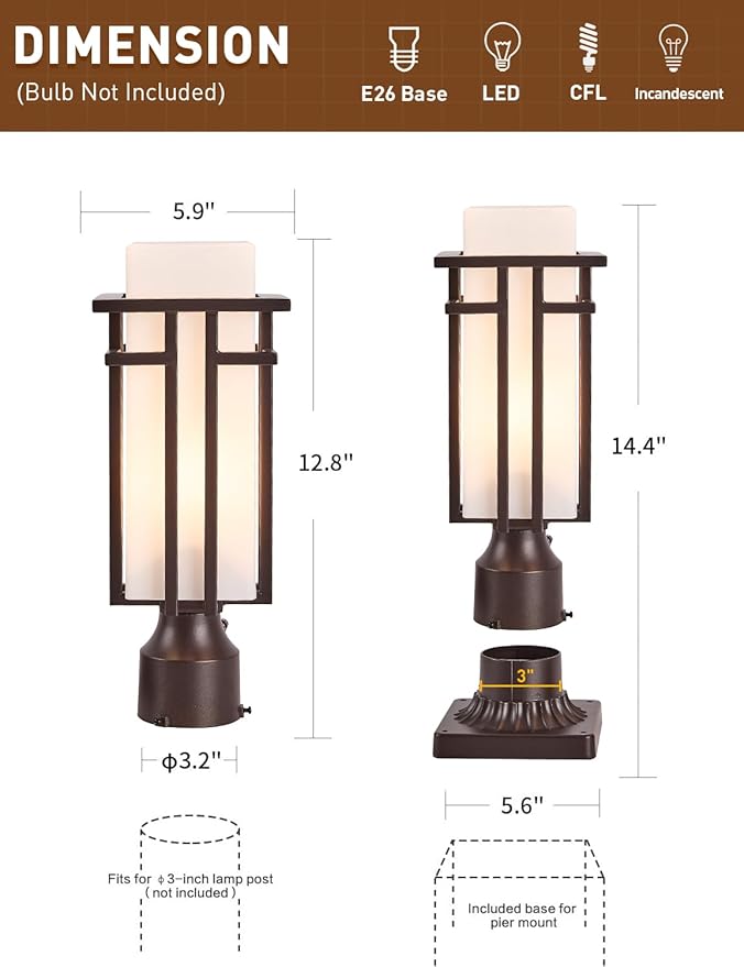 EERU Oil Rubbed Bronze Outdoor Post Lights,Waterproof Pole Mount Light Fixture with Pier Mount Adapter(with 3-Inch Pier Mount Base), Exterior Lamp Post Lantern Head for Yard,Garden Backyard and Porch