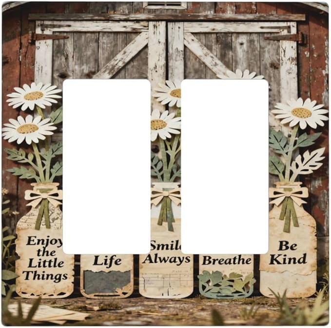 Bvtewkhz Rustic Daisy Barn Door Flowers 2 Gang Double Rocker Decorative Light Switch Covers Electrical Faceplate Switch Plates for Bathroom Kitchen Home