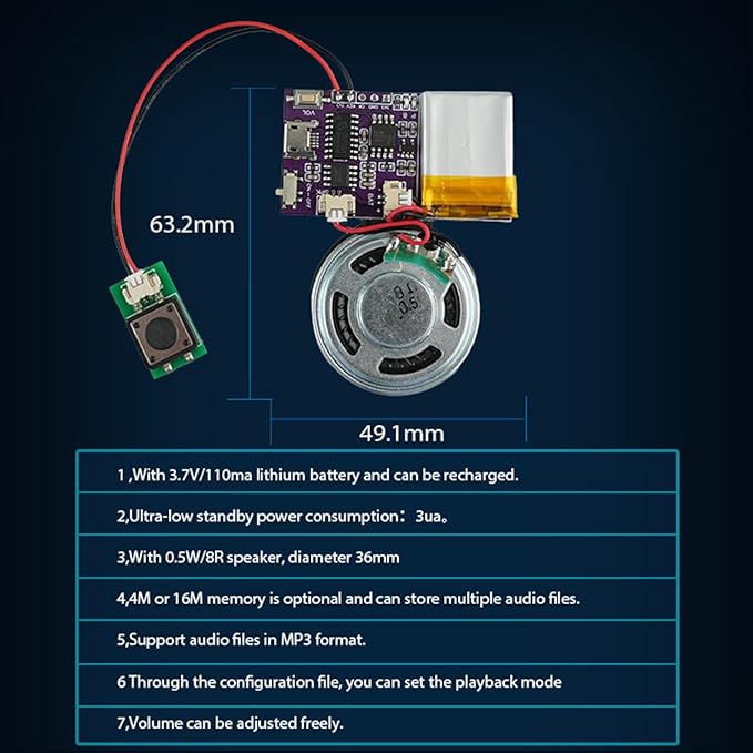 Voice Module,MP3 Music Sound Chips, 16MB Sound Module for Crafts, Christmas, New Year Greeting Cards, Box with Speaker Lithium Battery Powered and USB Cable. (JR-JX7004-Push Button - 2P)