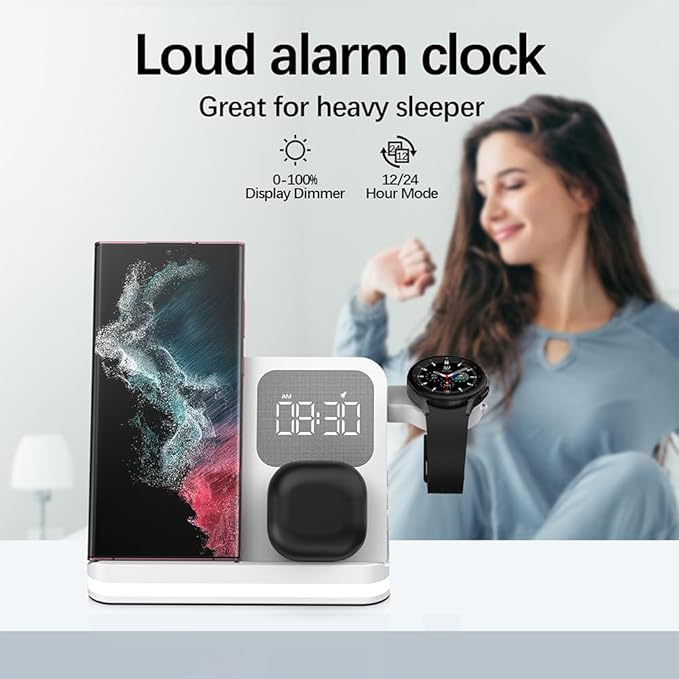 AYI 4in1 Multi Functional Wireless Charging Station with Digital Alarm Clock 15W Fast Charger Night Light Wireless Charger for All Qi Phone and Earbud Headphone Compliant with i-Watch-B22 White