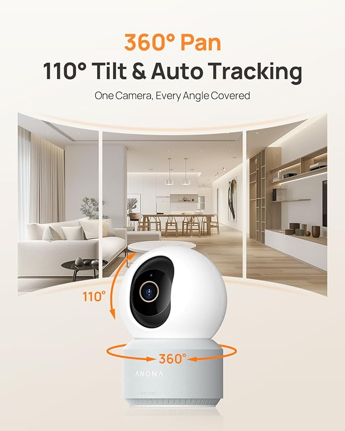 Anona 4K UHD Indoor Camera with 128GB SD Card, Pet/Dog/Baby Security Camera with Phone App, 360° Pan-Tilt, 2.4G/5G Wi-Fi 6, Auto-Tracking, Person/Pet/Baby Crying Detection, Privacy Mode, Two-Way Audio