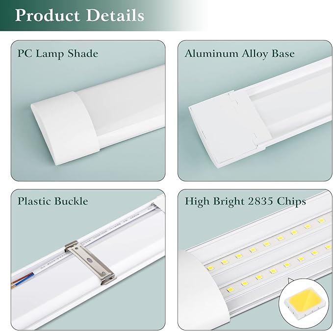 colmeguna 4 Packs 4FT LED Batten Light, Ultra-Thin Slim Ceiling Surface Mounted Light, 40W, 4000K, IP20, LED Ceiling Lamp for Garage, Shop, Hallway, Office, Market