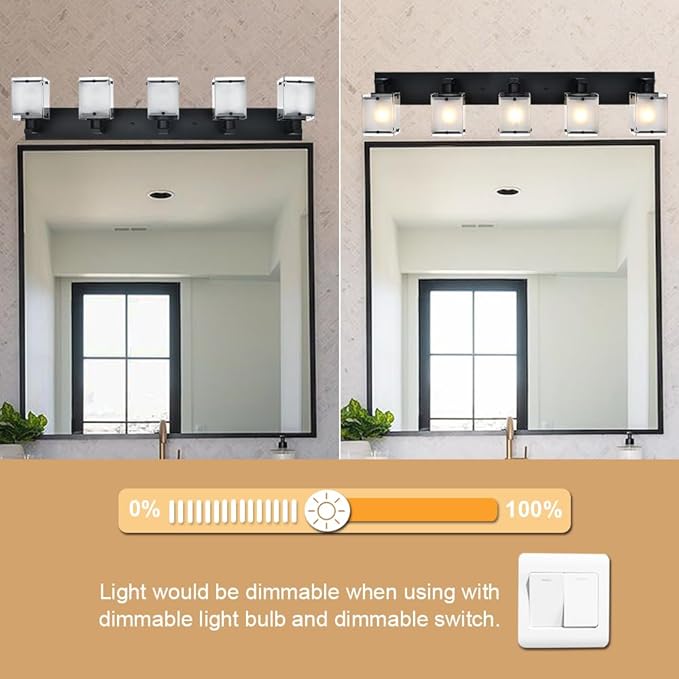 WINSHEN 5-Lights Bathroom Light Fixtures, Matte Black Modern Vanity Lights with Rectangular Frosted Glass for Over Mirror Dressing Table, E26 Bulb Base