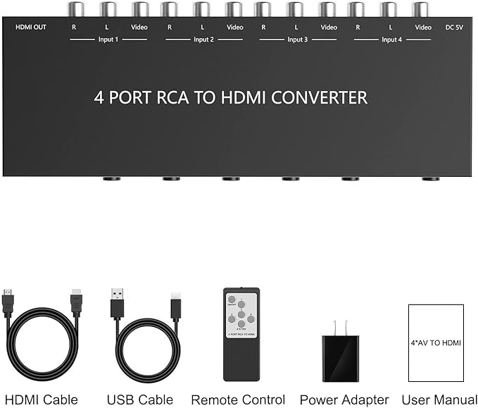 Azduou 4 AV to HDMI, 1080P/720P 4 Way RCA Composite CVBS AV Switch to HDMI Converter Adapter Support 4:3/16:9 Switching, for Sega Xbox PS1 PS2 PS3 N64 NGC SNES WII VHS VCR Camera DVD （with Remote）