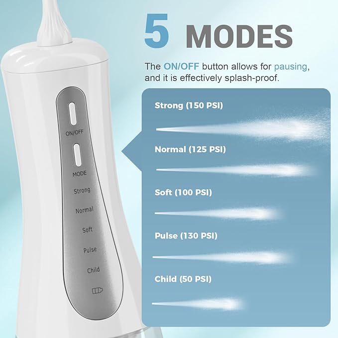 GOLDANT 350ML Water Dental Flosser Teeth Pick with Travel Bag, 5 Modes Portable Cordless Oral Irrigator Cleaner, Electric Rechargeable IPX7 Waterproof for Home Travel Teeth Cleaning flossing (White)
