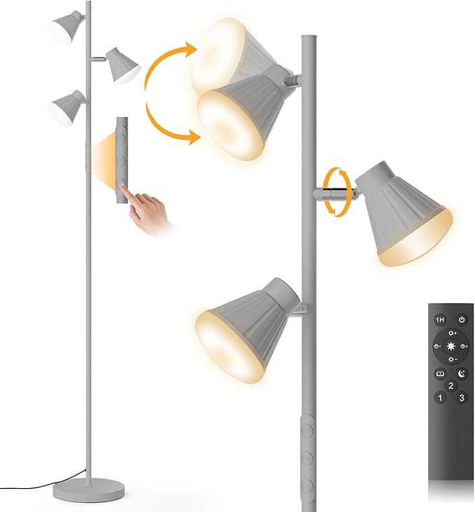 SIBRILLE 36W LED Tree Floor Lamp, Dimmable Tall Standing Lamp with Remote & Touch Control, 4 Color Temperatures Bright Floor Lamp, 3 Rotatable Light Modern Floor Lamps for Living Room Bedroom Office