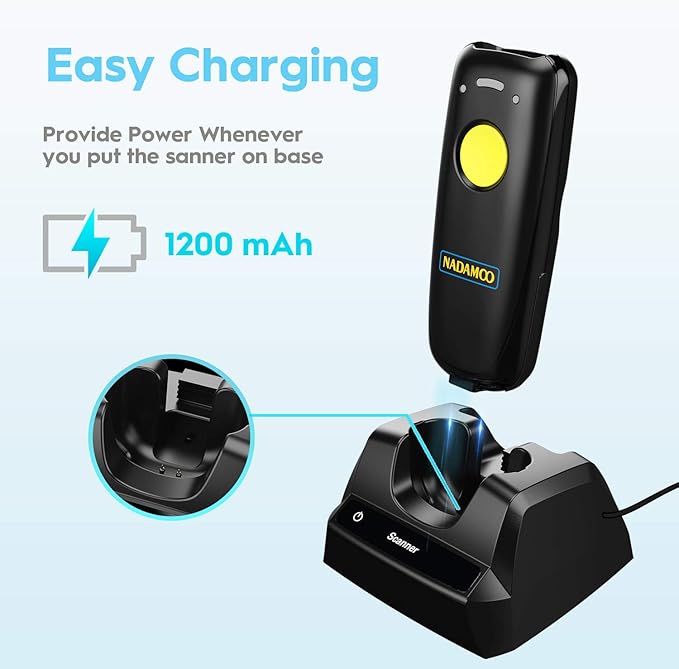NADAMOO 2D Wireless Barcode Scanner Compatible with Bluetooth, Portable USB 1D 2D QR Code Scanner for Inventory, Bar Code Image Reader for Tablet iPhone iPad Android iOS PC POS, with Charging Dock