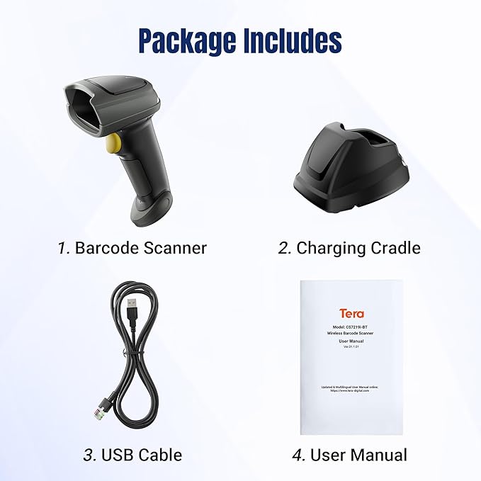 Tera Barcode Scanner Wireless with Cradle: 1280x1024 CMOS Global Shutter Industrial Grade Drop Resistant Reads DPM 1D 2D QR Codes Max 50 in Scan Range Works with Bluetooth 2.4G USB Wired CS7219i-BT