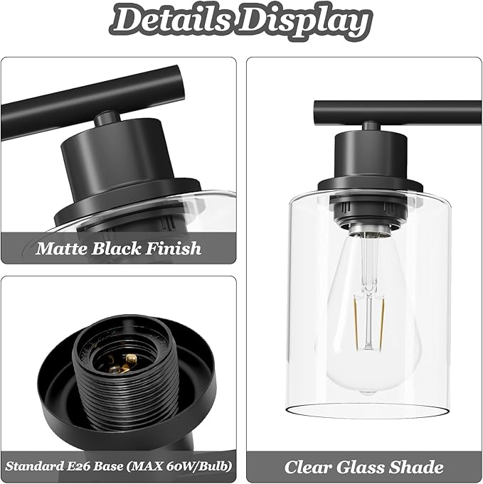 Guliaofo 4-Light Black Bathroom Light Fixtures, E26 Modern Vanity Lights for Bathroom with Clear Glass Shade, Wall Lamps for Mirror Hallway Kitchen Cabinet Living Room Sconces Lights