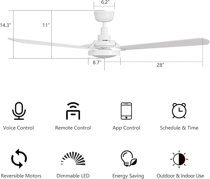 SMAAIR 56 Inch Smart Wifi Ceiling Fans with Dimmable LED Lights and Remote, Compatible with Alexa/Google Home/Siri/APP, Outdoor DC Fans with 10 Speeds, Timer/Schedule, White