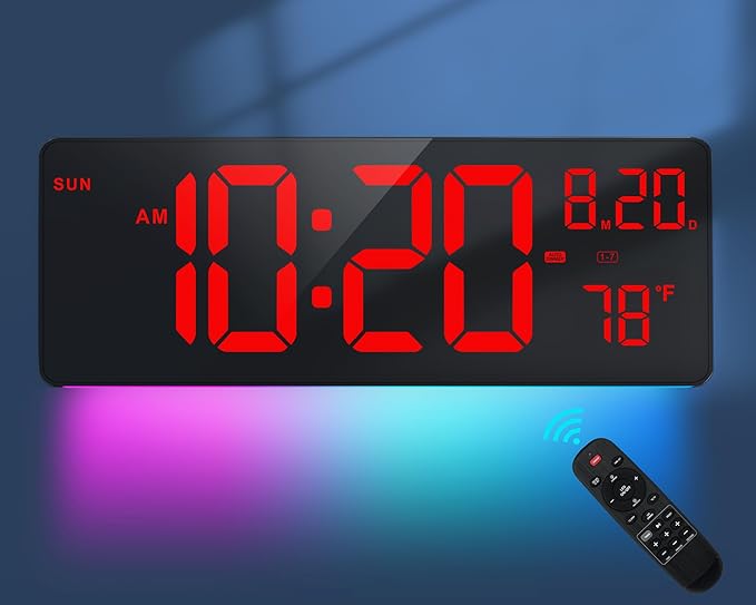 XREXS 16.5" Digital Clock Large Display with Remote Control 7 Color Changes Night Lights LED Wall Clock, Adjustable Dimmer, Temperature Clock for Bedroom, Desk Alarm Clock Gift for Teens Elderly