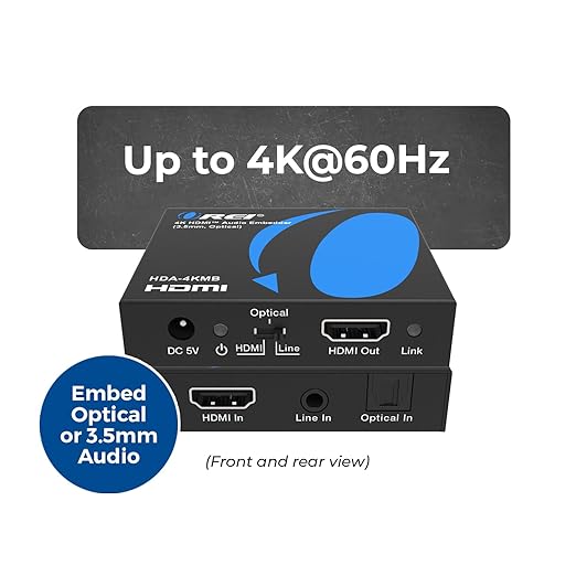 OREI 4K HDMI Audio Embedder, Audio Embedder Inserter Digital Analog Audi + DVI to HDMI Support TOSLINK Optical 3.5mm Jack AUX Sound Input 4K60Hz 18Gbps HDR HDCP2.2
