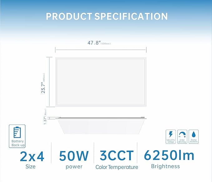 2X4 LED Flat Panel Light with Emergency Battery Backup, 50W 3000K/4000K/5000K, 0-10V Dimmable, 6500 Lumens, LED Drop Ceiling Lights, 100-277V, DLC UL Listed, Ultra Thin Back-Lit (30 Pack)