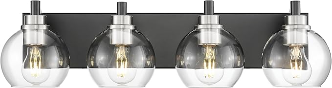 METWET Bathroom Light Fixtures, 4-Light Black and Brushed Nickel Bathroom Vanity Light, 26 Inch Modern Wall Sconces with Globe Clear Glass Shade, Vanity Lighting Fixtures Over Mirror, VL195-KN-4