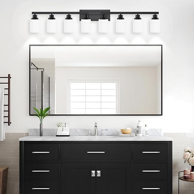 DIKAIDA 8-Light Bathroom Light Fixtures Over Mirror, 52inch Modern Matte Black Vanity Lights with White Frosted Glass Shade, Bathroom Wall Lamp Sconces for Mirror Bedroom, Living Room Hallway