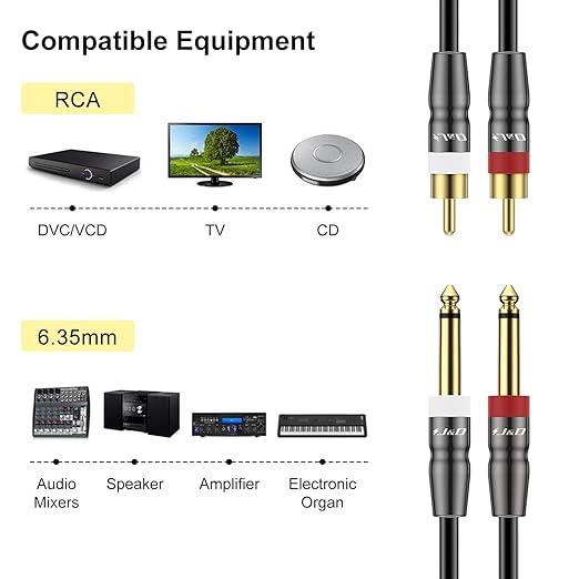 J&D Dual 1/4 inch TS to Dual RCA Cable, Heavy Duty 1/4 Male to RCA Male Adapter Stereo Audio Interconnect Quarter inch Cable, 6 Feet