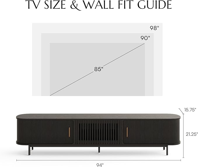 POVISON Fully-Assembled Mid Century Modern TV Stand for 75+ inch TV, Sliding Door Entertainment Center with Storage, Wood TV Console, Media Console for Living Room Bedroom(Black, 94.49")