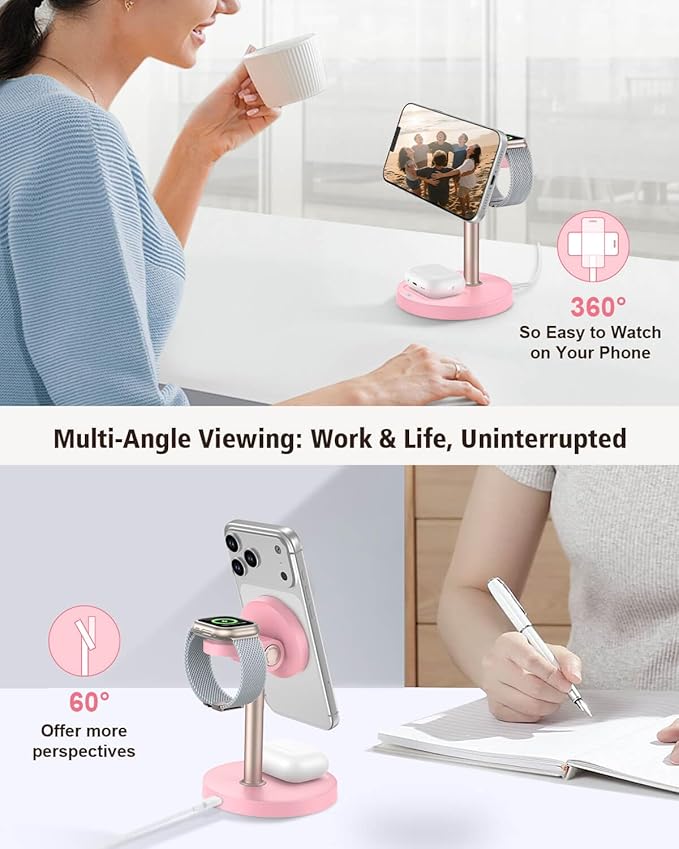 3 in 1 Wireless Charging Station for Apple, 15W Fast Magnetic Charger Stand Wireless Nightstand for Bedrooms, iPhone 17 16 15 14 13 12 Series, Apple Watch, Airpods, Women Gifts (No AC Adapter) Pink