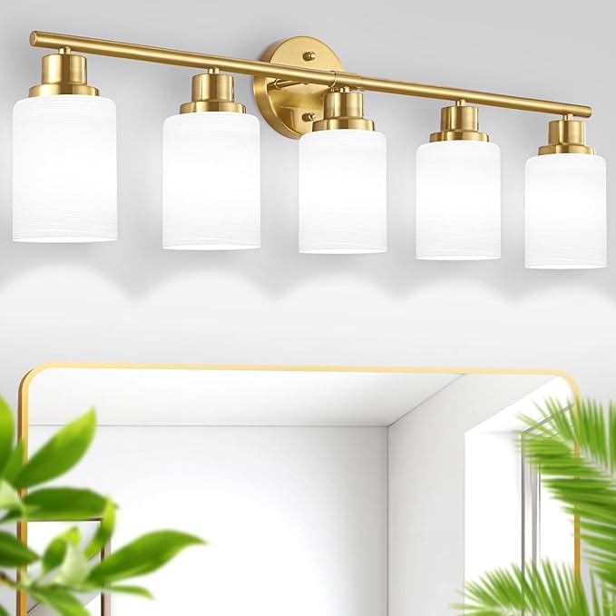Guliaofo 5-Light Vanity Lights, Brushed Gold Bathroom Light Fixture with Striped Textured Milky White Glass Shade, E26 Modern Vanity Lighting Fixture for Bathroom Wall Sconce Light Over Mirror