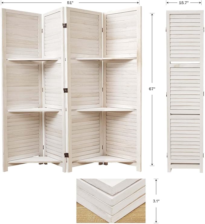 Partition Room Dividers, Folding Wood Privacy Screen with Three Display Shelves Suitable for Home Office, Study, Art Display - 4 Panel, 67 * 51inch (White)