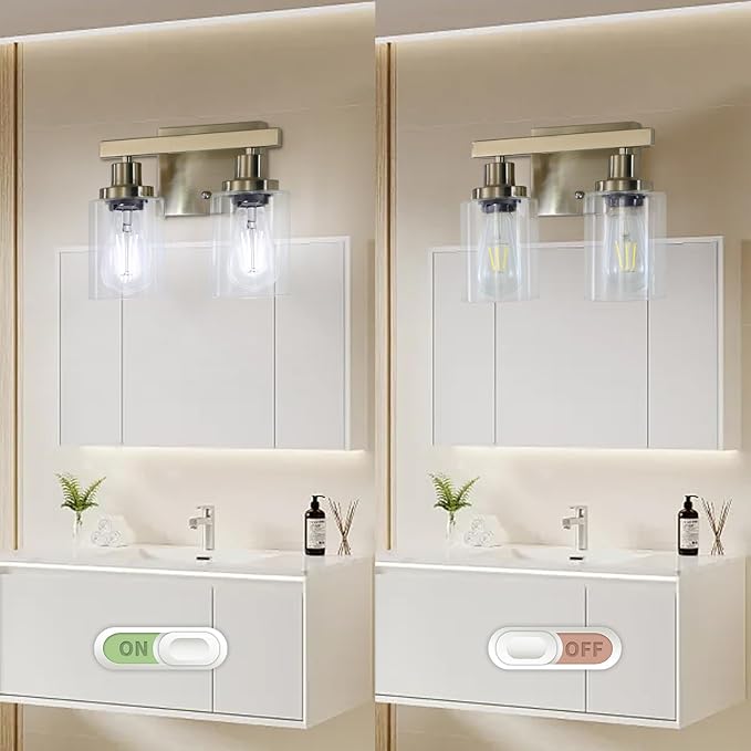 DIKAIDA Bathroom Vanity Light, 2-Light Nickel Modern Matte Wall Sconce Lighting with Clear Glass Shade, Wall Lights,Bath Vintage Wall Mounted Lamps for Mirror Bedroom Living Room