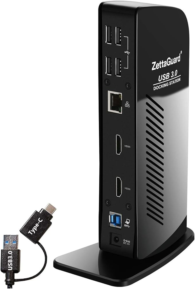 ZettaGuard USB 3.0 and USB-C Universal Laptop Docking Station for Windows and Mac (Dual 4K Video HDMI, Gigabit Ethernet, 6 USB 3.0 Ports, 3.5 mm Audio)