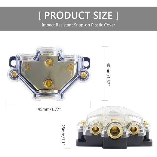 RKURCK 3 Way Power Distribution Block, 0/2/4 AWG Gauge in, 4/8 Gauge Out, Car Audio Stereo Amp Distribution Connecting Block for Audio Splitter (1 in 3 Out)