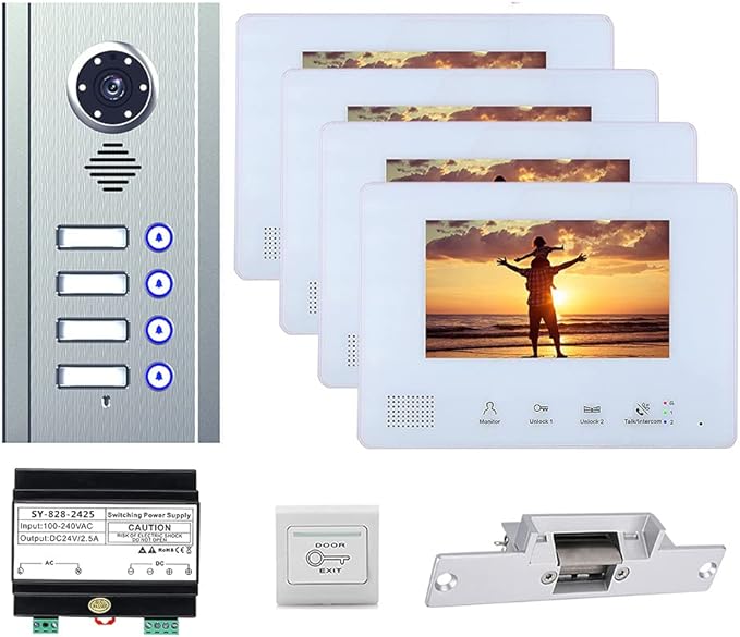 4 Apartment Bus 2 Wire Video Door Phone Intercom Systems 7 Inch Kit for Electronic Door Lock Home Night Vision