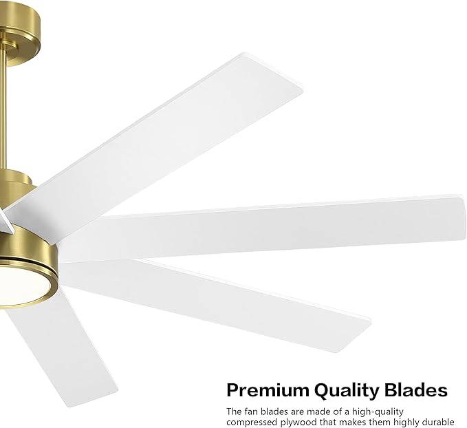 WINGBO 60" Large DC Ceiling Fans with Lights and Remote, 3 Downrods, 8 Plywood Blades, 6-Speeds Reversible DC Motor, 3CCT, Indoor Ceiling Fan for Bedroom Living Room Patio, Brass and White