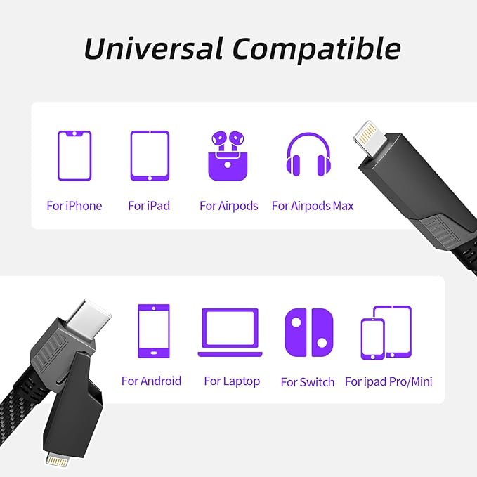Firsting 4 in 1 Charging Cable 65W, USB C Cable Fast Charger Cord with E-Mark Chip, USB A/C to C/Lightning Cable, Multi iPhone Charger Cord for iPhone16/15/14/13 Series/Phones/Pads and Laptop