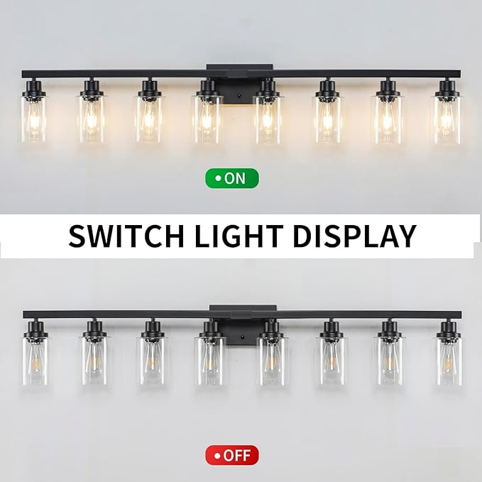 DIKAIDA 8 Light Bathroom Vanity Lights Over Mirror, 52inch Black Vanity Lights Fixtures Matte Black Modern Vanity Lights Black Bathroom Wall Lighting for Mirror Bedroom,Living Room