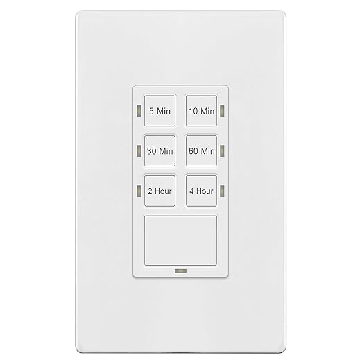 TG 4-Hour No Neutral Countdown Timer Switch, 5-10-30-60 Min, 2-4 Hour, for Bathroom Fans, Lights, 120VAC, Ground Wire Required, UL Listed, TS-C4HG, Screwless Wall Plate, White