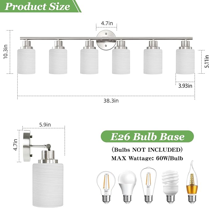 Guliaofo 6-Light Brushed Nickel Vanity Lights for Mirror, Bathroom Light Fixtures with Textured Milky White Glass Shade, Modern Kitchen Light Fixtures Wall Sconce Light - E26 Base