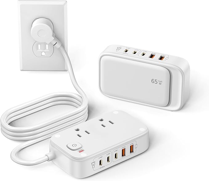 KWRNVO 7-in-1 Power Strip, 85W PD USB C Power Strip with 3 USB-C, 2 USB-A Ports and 2500W AC Outlet, Flat Plug Total 175W Essentials for Home/Office/College/Travel (White)