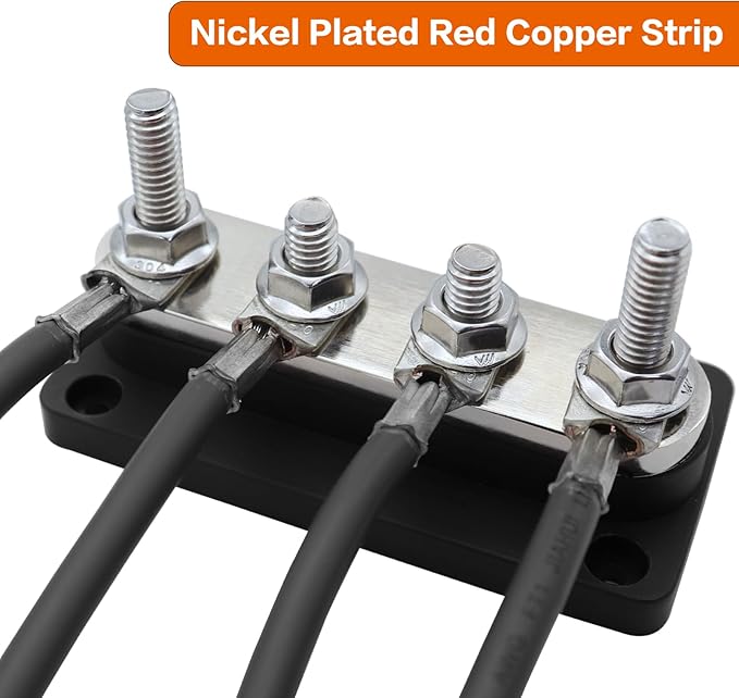 AMOMD 300A Bus Bars 4 Studs (5/16 inch) M8 Nickel Plated Copper Distribution Block Negative Electrical Buss Bars 12-48 V DC with Cover for Trailer Marine Boat Car RV (Black)