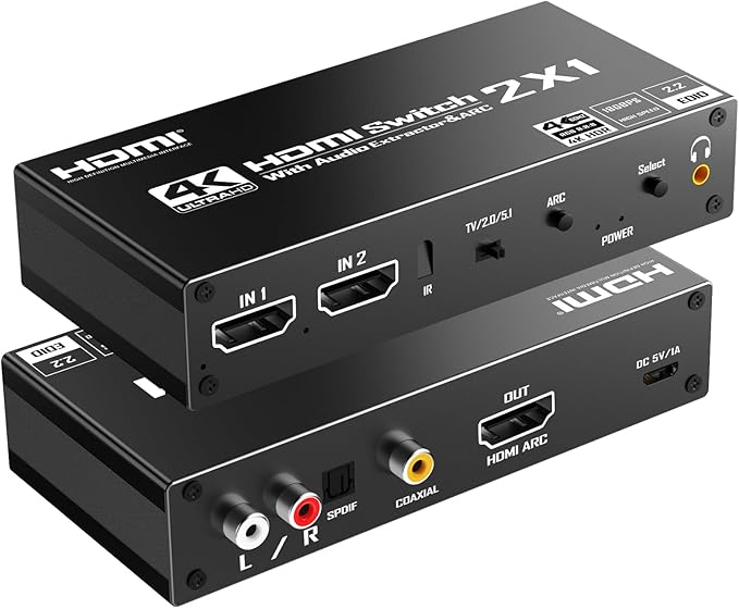 PERESAL HDMI Switch eARC Audio Extractor, 4K@60hz HDMI Audio Splitter with Remote, Support 7.1 Channel Audio/Optical Toslink SPDIF/Coaxial Converter HDR