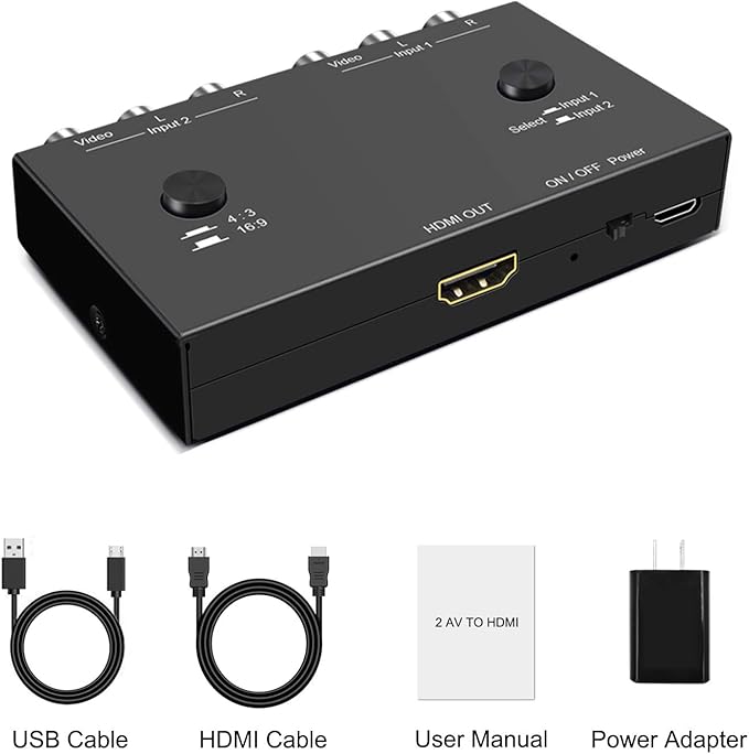 ZUZONG 2 RCA to HDMI, 1080P 2 Way RCA Composite CVBS AV Switch to HDMI Video Audio Converter Adapter Supporting 4:3/16:9, for PC Laptop Xbox PS2 PS3 N64 NGC SNES WII VHS VCR Camera DVD
