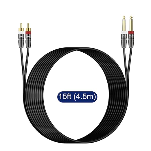 J&D Dual 1/4 inch TS to Dual RCA Cable, Heavy Duty 1/4 Male to RCA Male Adapter Stereo Audio Interconnect Quarter inch Cable, 15 Feet