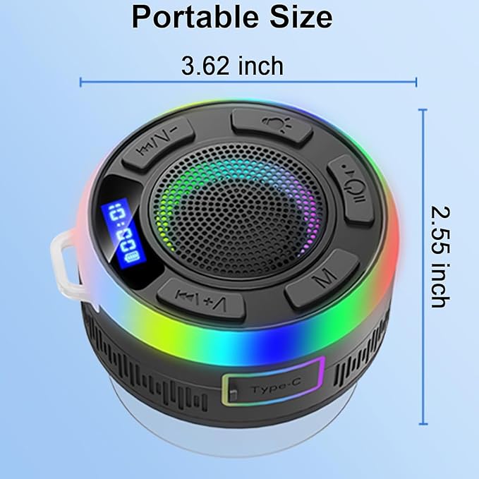 Shower Bluetooth Speaker IPX7 Waterproof, Portable Bluetooth Speakers with Suction Cup and Time Display, Crystal Sound&Bass LED Light 1100mAh, Wireless Shower Speaker for Outdoor/Kayak/ Gifts/Beach